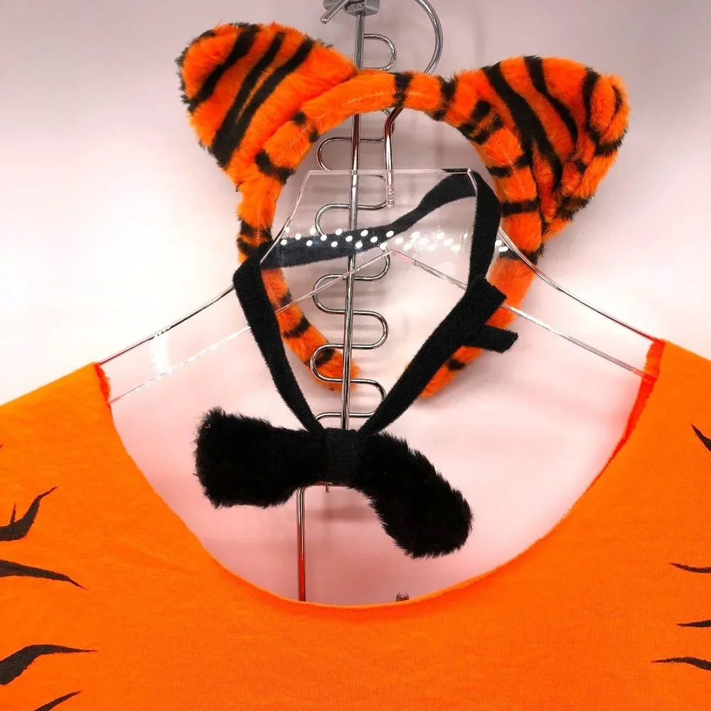 4 Piece Tiger Cat Costume Hand Painted & Cut Tee, Tail, Ears & Necktie Halloween